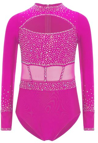 Yruioon Mädchen Turnanzug Glitzer Langarm Gymnastikanzug Strass Glänzend Eiskunstlauf Body Overall Sportbody Wettbewerb Tanzkostüm
