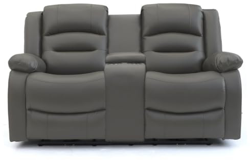 sleepkings Vinson 2 Seater Electric Recliner Sofa with Centre Console, Grey Aire Leather, Adjustable Legrest, USB-Type C Charging Port, 2 Cup Holders, Side Pockets, Storage Compartment (2 Seater)