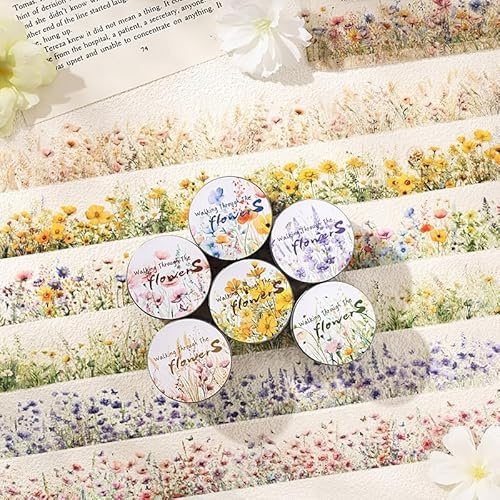 PET Washi Tape Scrapbook Zubehör,6 Rolls Blume Thema Scrapbook Stickers | Scrapbooking Tape Sticker Decorative Für Journaling Zubehör,Photo Album(Flower Road)