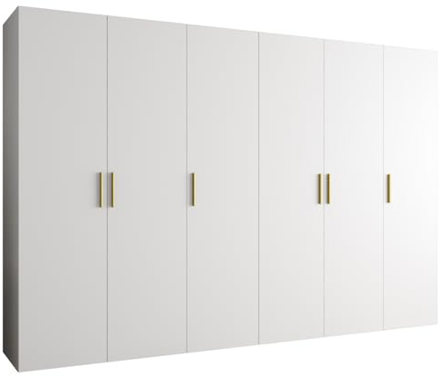 MEBLE KRYSPOL - Kleiderschrank - Garderobenschrank - 300 cm x 202 x 52 cm - Schrank mit Kleiderstange, 6 Türen - für Schlafzimmer, Flur - BARI, Weiß, Griff Gold