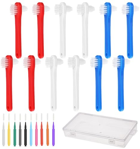 12 Pcs Prothesenzahnbürste Doppelseitige Zahnbürste für Prothesen, Prothesenbürste Zahnprothesen Bürste Tragbar für Zahnreinigung Zwischenräume Zahnspangen mit 10 Interdentalbürsten 1 Zahnbürstenetui