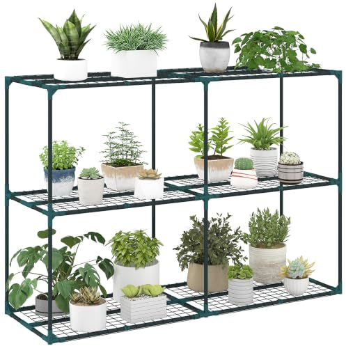 Outsunny Scaffale Porta Piante 3 Livelli 143x48x100cm Verde Scuro | in Acciaio e Plastica, Porta Vasi, per Interni ed Esterni, Giardino, Balcone