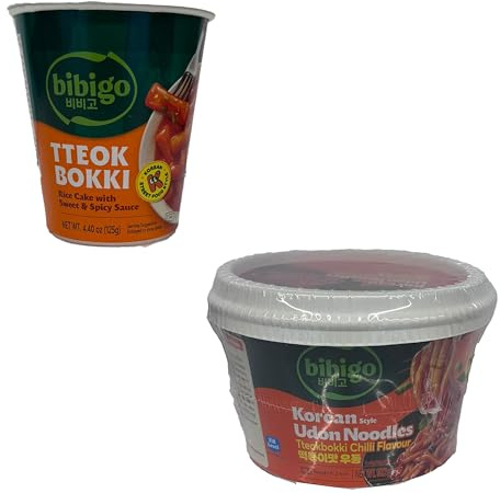 Bibi-Go's Udon Tteokbokki Chilli 187g and Tteokbokki Sweet & Spicy Cup 125g Instant Spicy Noodle & Rice Cake Product of Korea Combo Pack 2
