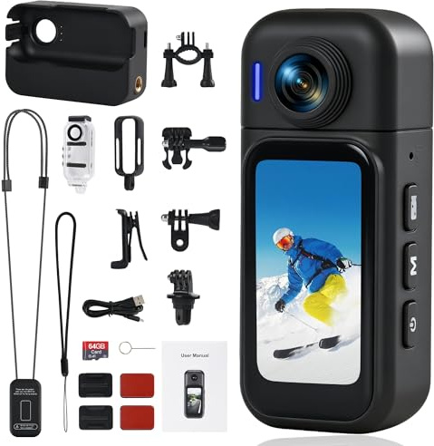 Hiwoor Action Cam mit Touchscreen, Wasserdicht 30M, 8 Std, 120° Weitwinkel