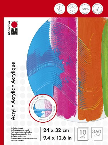 Marabu 1612000000014 - Malblock für Acrylmalerei, 360 g/qm, 10 Blatt, 24 x 32 cm, weiß, Acrylmalpapier satiniert, glatt, säurefrei, aus Cellulose, für Acrylmalerei, Gouache und Deckfarben geeignet