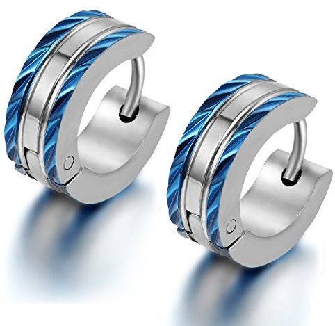 Flongo Edelstahl Gestüt Stecker Creolen Huggie Ohrringe Ohrstecker Ohrhänger Silber Schwarz Blau Streifen Gestreift Einzigartig Polished Herren