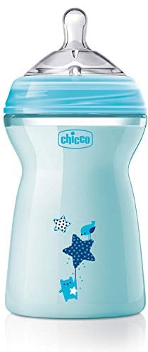 Chicco Natural Feeling Anti-Kolik Babyflasche 6+ Monate 330 ml, Babyfläschchen mit Weichem und Flexiblen Silikon-Sauger, Eignet sich in Kombination zum Stillen, Blau