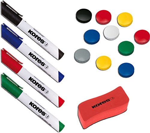 Kores Whiteboard Set / 4 Marker, 3 mm Rundspitze, schwarz/blau/rot/grün + Magnete 32 mm
