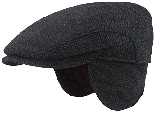 Herren Winter Schiebermütze mit Ohrenklappen Flatcap Schirmmütze 100% Wolle Newsboy ausklappbarer Ohrenschutz Hautfreundlich Bequem Fischgrät Blau 55