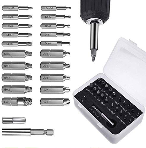 22pcs Juego de extractor de tornillos pelados Kit de extracción de tornillos dañados para perno roto HSS con soporte de broca de extensión magnética y adaptador de enchufe