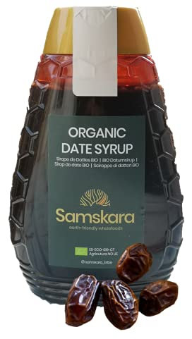 Sirop de Datte | BIO et Commerce Équitable | Samskara | 500 g 100% Naturel | Mélasse de Dattes Bio | Sirop Caramel de Fruit de Datte Sans Sucre pour Café, Desserts et Recettes Sucrées