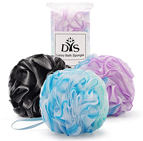 3 Stück 75g XL Badeschwamm Duschschwamm Waschschwamm Badezubehör Badekugeln Massageschwamm leicht schäumend weiche Masche Peeling Hautreinigung extra groß, Violett