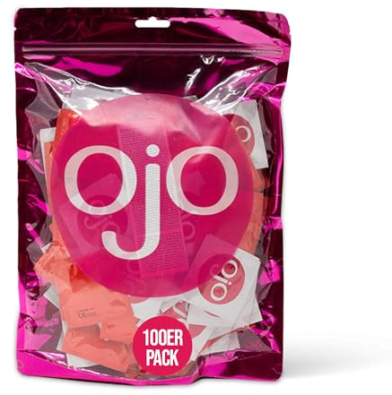 OjO Kondome 100 Stück Packung, Strawberry, rot gefärbt, natürlich und gefühlsecht, aus Latex, mit Reservoir, Durchmesser 53 mm, für Männer