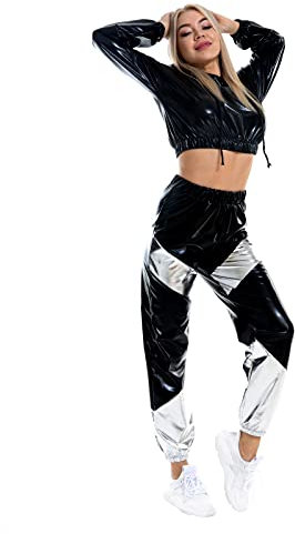Odizli Jogginganzug Damen Set Glitzer Metallic 80er 90er Jahre Outfit Langarm Kapuzen Bauchfrei Crop Top+Cargohose Jogginghose 2tlg Trainingsanzug Fitness Gym Workout Sportanzug Schwarz Silber M