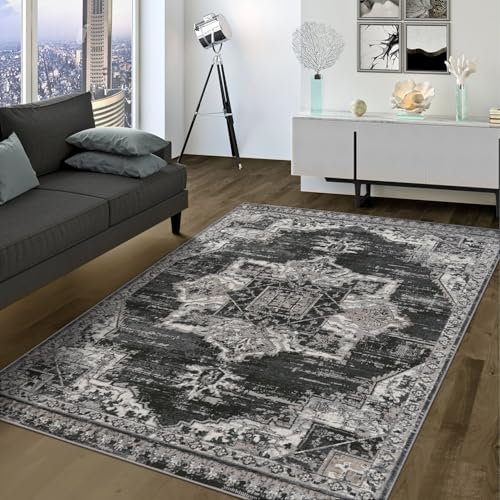 TT Home Wohnzimmer Teppich Kurzflor Used Look Ornamente Mandala Style Marokkanisch Umrandung, Farbe: Grau Schwarz Creme, Größe:120x160 cm