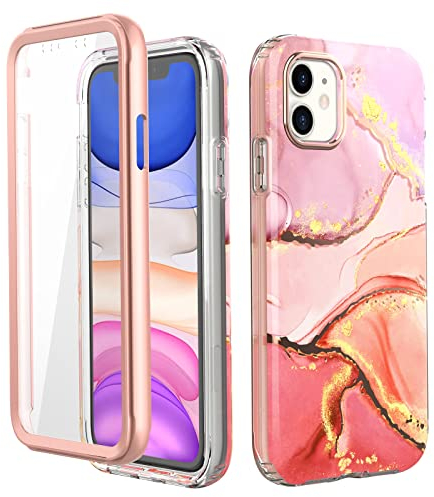 Chvelop 3-in-1 iPhone 11 Case with Built-in Screen Protector + Shockproof TPU Bumper | Military-Grade 360° Full Body Protection, Glossy Fade-Resistant Pattern Design Phone Cases (Pink)