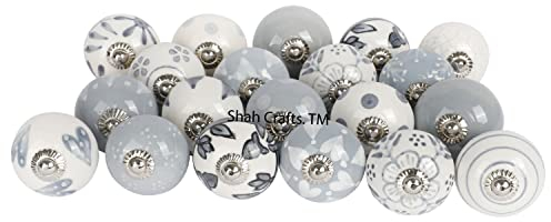 Shah Crafts. Grey and White Ceramic Premium Quality Door Knobs Set of 12 Assorted Designs Handmade,Vintage, Shabby Chic, Interior Furniture, Cabinet Cupboard Wardrobe Drawers Pulls Handles