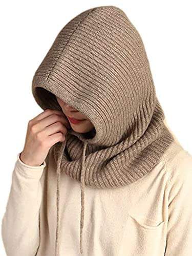 YUONNY Winter Gestrickt Kapuzen Mütze Schal mit Verstellbarer Kordelzug, 100% Kaschmir Sturmhauben Beanie Mütze Warme Schlauchschal für Damen Herren, Unisex Weich Ski Strickmütze Neckwarmer Camel