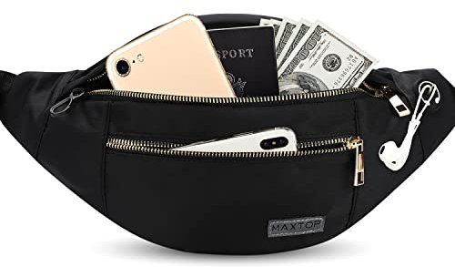 MAXTOP Große Bauchtasche für Damen Herren, Bauchtasche mit Kopfhöreranschluss und 4 Reißverschlusstaschen, Verstellbarer Gürtel für Radfahren, Laufen, Joggen, Reisen, Outdoor, Workout