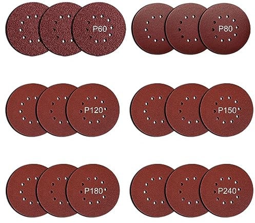 MYTOL 18 PCS 9-Inch 10 Hole Hook and Loop Sanding Discs, 3 PCS of Each 60 80 120 150 180 240 Grits 6 Grades Self Adhesive Sandpaper for Drywall Sander