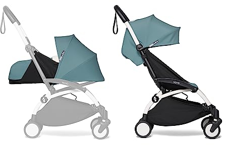 BABYZEN Cochecito Completo YOYO2 - Incluye Pack Recién Nacido 0+ (Aqua), Chasis (Blanco) & Pack 6+ Color (Aqua) - Para Niños Hasta 22 kg