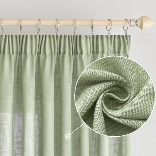 EMEMA Gardinen Vorhänge Leinenvorhang mit Kräuselband Voile Vorhang Leinenoptik Modern Halbtransparent für Wohnzimmer Dekoschal Küchengardinen Schlaufenschal Schlafzimmer Grün 140 x 225 cm