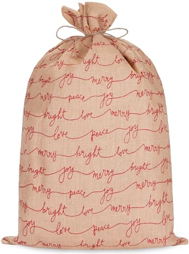 BRUBAKER Weihnachtssack Love Peace Joy - 80 cm Geschenksack Weihnachten - Nikolaussack Jutebeutel Sack mit Kordel zum Verpacken von Geschenken - Großer Jutesack - Braun Rot