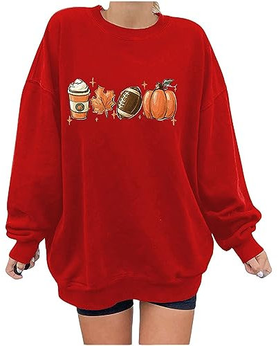 Deal Of The Day Clearance Damen Strickpullover Beige Milk Tea Maple Leaf Football Pumpkin Print Kapuzenpullover Mit Rundhalsausschnitt Und Tief Angesetzter Schulterpartie Für Damen Clearance Deals
