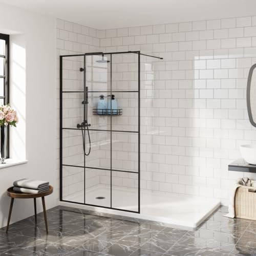 Aquariss 1000mm Walkin Shower Enclosure 8mm Easy Clean Black Grid Glass Shower Screen Panel - Matte Black Framed