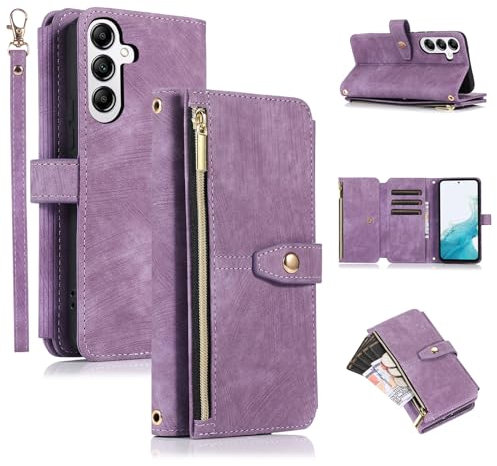 UEEBAI Wallet Case for Samsung Galaxy S24 5G, 9 Card Slots Retro Leather Wallet Shockproof Flip Cover with Hand Strap Card Slots Zipper Pocket Kickstand Handbag Magnetic Closure - Purple