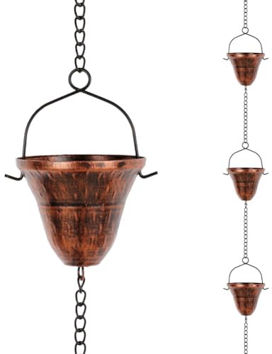 dreamysoul Cadenas de lluvia de cobre para exteriores, 10.43 pies con 12 tazas, cadenas de recogida de lluvia para canalones de bajante, drenaje de aleros