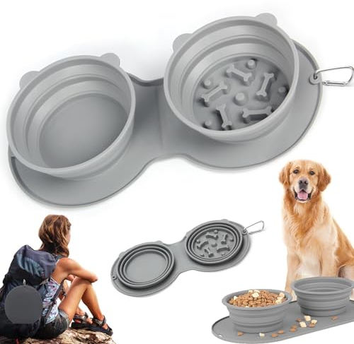 CEASELESLY Gamelle Rétractable en Silicone pour Chien et Chat - Double Gamelle Pliable, Anti-Glouton, pour Voyage, Extérieur, Randonnée