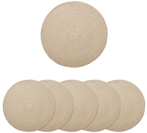 Encasa XO Tovagliette da Tavola Set di 6 | Tovagliette Rotonde in Cotone - Diametro 33 cm | Beige | Stile a Coste Fatto a Mano