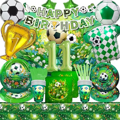 Mowtential 101 Stücke Fussball Party Deko 11 Jahre,2025 neu Grün Deko Geburtstag Junge,Fußball Geburtstag Tafelgeschirr,Luftballon,Hintergrund,Banner,Tischdecke,Serviette(Fussball Kinder 11 Jahre)