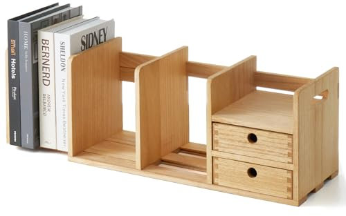KIRIGEN Organizer da Scrivania in Legno – Scaffale Regolabile ed Estensibile con Cassetto – Libreria e Portadocumenti, Completamente Assemblato, Ideale per Ufficio e Casa colore naturale