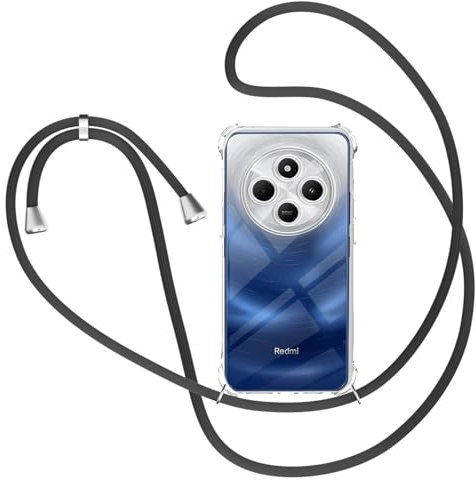XTCASE Handykette Hülle für Xiaomi Redmi 14C mit Band, Transparent Silikon Handyhülle fürXiaomi Redmi 14C mit Kette Stossfest Schutzhülle - Schnur mit Case zum Umhängen in Schwarz