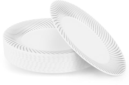 MATANA 40 Premium White Plastic Dessert Plates with Silver Rim (18cm / 7 Inch) – Elegant & Reusable – Small Side Plates for Starters, Weddings, Birthdays, BBQ & Parties