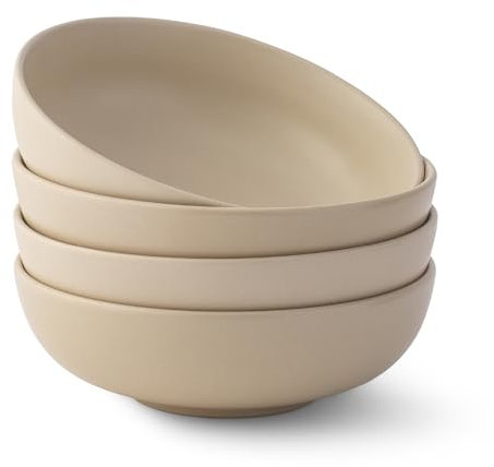 JoyJolt Mesa 30oz Stoneware Pasta Bowls Set of 4, Salad and Serving Bowls for Kitchen, Oatmeal Soup Dinner, Matte Beige, Dishwasher and Microwave Safe, Wide and Shallow Plate
