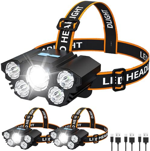 MODOAO Ultra Helle LED Scheinwerfer,Wiederaufladbare und komfortable verstellbare Scheinwerfer,4-Beleuchtungsmodi Stirnlampe geeignet für Camping, Angeln, Autoreparatur, Laufen (3 Pack)