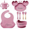 Ensemble de sevrage personnalisé J avec nom en silicone pour bébé, set de sevrage personnalisé comprend, bavoir, bol, tasse, couverts en silicone 100 % alimentaire (rose)