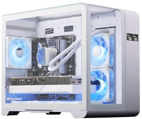 darkFlash Mid-Tower-PC-Gehäuse mit Bildschirm, Drei Seitenglasflächen, Gebogenes Dual-Gaming-PC-Gehäuse mit Vollansicht, 4 Vorinstallierte PWM-ARGB-Lüfter, Typ C, RTX 40-Kompatibel, Weiß(L280) (M-ATX)