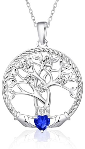 Collier Arbre de Vie pour Femme en Argent 925, Pendentif Arbre de Vie Avec Pierre de Naissance pour I'anniversaire en Septembre, Bijoux en Saphir, Idées de Cadeaux pour Elle, Petite Amie, Fille, Sœur