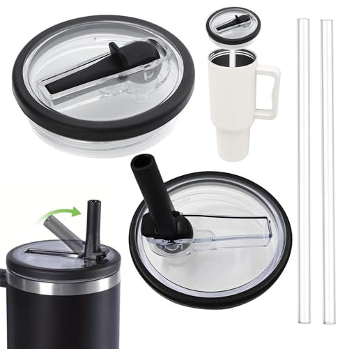 Stanley Cup Accessori, 2 PCS Stanley Cup Lid Replacement 40 Oz, Stanley Cup Accessories with 2 Pieces Straw, Reusable Replacement Lids Leakproof And Dustproof(Nero)