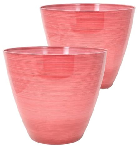 Siam Express Glazed Plastic Flower Pots with Drainage Holes, Garden Planters for Outdoor, Plant Pot Containers for Home, Garden, Stylish Glossy Glazed Design, 30cm Outdoor (Set of 2 Pink Stripes)