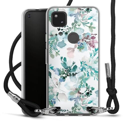 Carry Case kompatibel mit Google Pixel 4a Hülle mit Band Handykette zum Umhängen schwarz Eukalyptus Blume Blumen