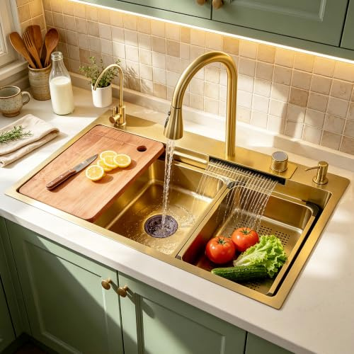 ATHOMASM Lavandino da Cucina Gold-Optic Lavandino 70x50cm in Acciaio Inox, Rubinetto Estensibile, Lavandino Sottopiano Multifunzione con Funzione Cascata, Set Completo
