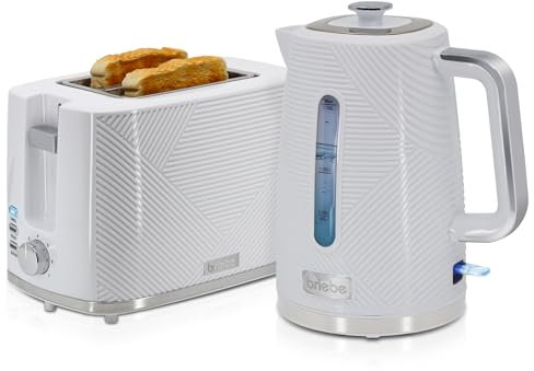 briebe Elegance Set Tostadora Pan Ranura Ancha 2 Rebanadas, 7 Niveles Tostado + Hervidor Agua Eléctrico 1,7L Inalámbrico, 2200W Ebullición Rápida, Libre BPA, Pack Desayuno Diseño Moderno Blanco