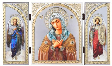 NKlaus - Gottesmutter Rührung - Ikone Triptychon - Holz Reise Altar 16952