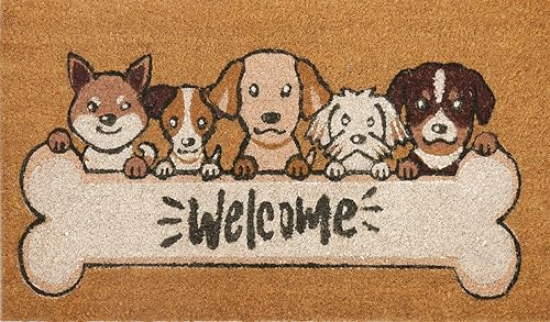 COCONIQ Coir Door Mats 43x76 cm, Non-Slip Sturdy, PVC Backed Heavy Duty, Easy to Clean, Ideal for Door Entrance, Patio, Porch, Backyard, Garages, 5 Welcoming Puppies