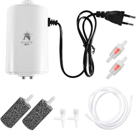 Editbar Aquarium Luftpumpe mit 2m Sauerstoffschlauch und 2 Sprudelsteinen — Doppel Ausgangs Luftpumpe, Leise & Stufenlose Einstellbarkeit, Luftsprudler für Kleine & Große Aquarien (3.5W, 2 × 3.4L/min)